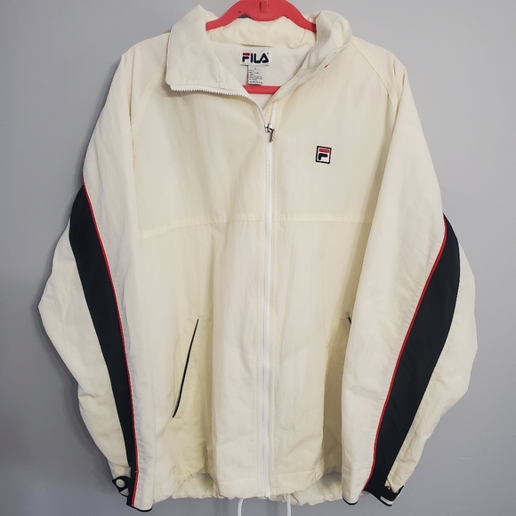 FILA Men's Cream Blue & Red Windbreaker Jacket Golf Sports Concealed Hoodie Lg